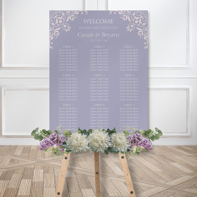 Elegant Purple French Lilac Wedding Seating Chart Foam Board (Elegant purple lavendar and blush pink wedding seating chart for french lilac theme romantic event)