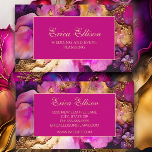 Elegant Purple Fuchsia Gold Floral Wedding Planner Business Card
