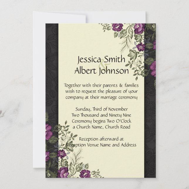 Elegant Purple Garden Floral Ivory Damask Wedding Invitation (Front)