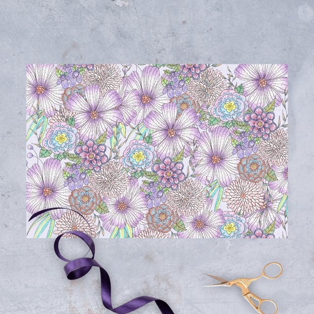 Elegant Purple Garden Flowers and Green Foliage Tissue Paper (Creator Uploaded)
