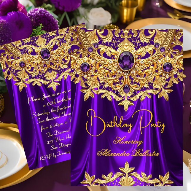 Elegant Purple gems Gold Lace Damask Birthday Invitation (Creator Uploaded)