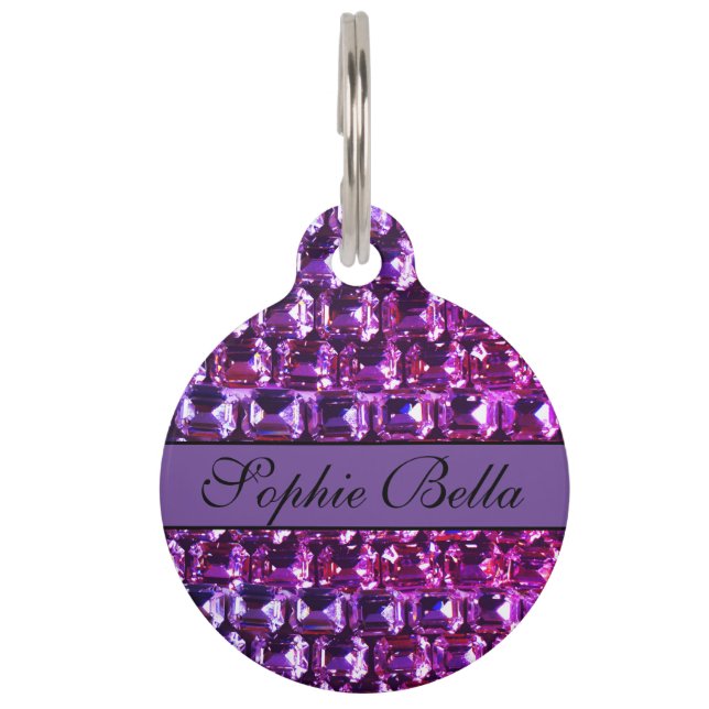 Elegant purple gemstones diamonds calligraphy pet ID tag (Front)
