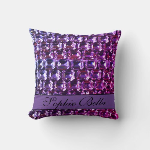 Elegant purple gemstones diamonds calligraphy throw pillow