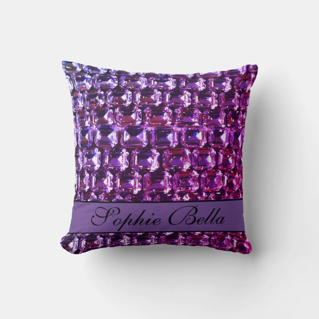 Elegant purple gemstones diamonds calligraphy throw pillow (Front)