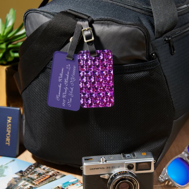 Elegant purple gemstones diamonds luggage tag (Front & Back)