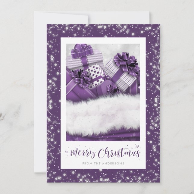 Elegant Purple Gifts Snow Merry Christmas Cards (Front)