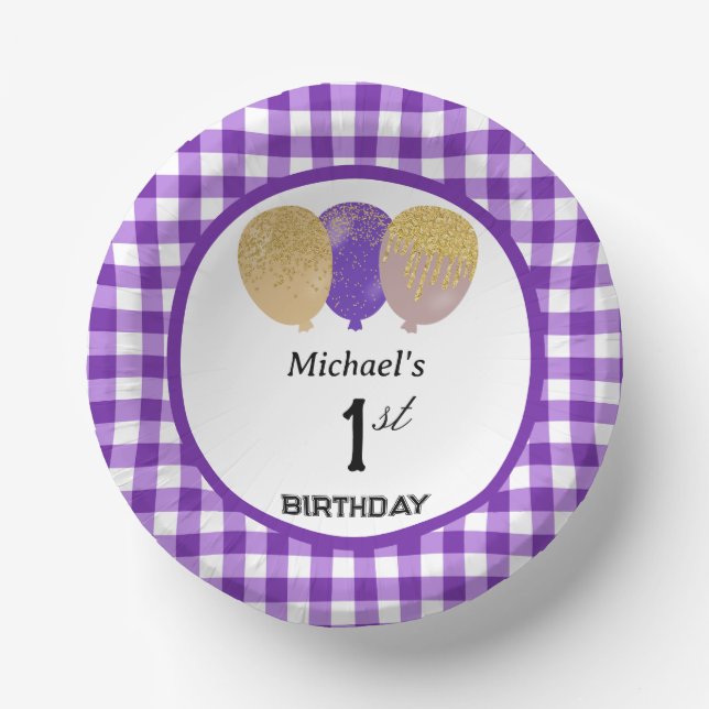 Elegant Purple Gingham & Balloons 1st Birthday Paper Bowls (Front)
