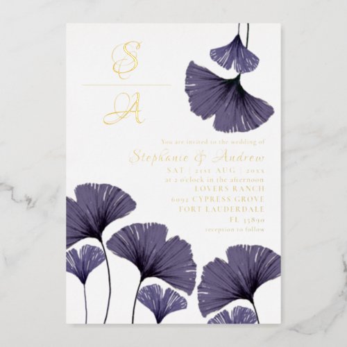 Elegant Purple Ginkgo Foliage Wedding  Invitation  Foil Invitation