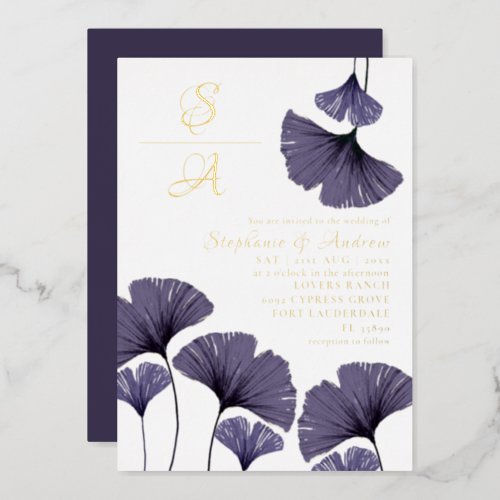 Elegant Purple Ginkgo Foliage Wedding  Invitation  Foil Invitation