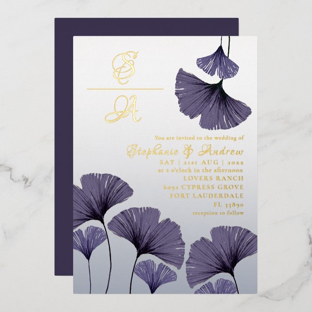 Elegant Purple Ginkgo Foliage Wedding  Invitation Foil Invitation (Front/Back)