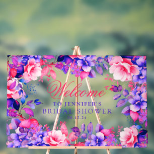 Elegant Purple Glam Floral Bridal Shower Welcome Acrylic Sign