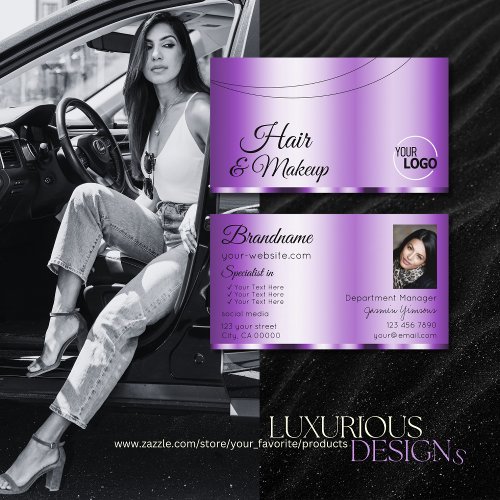 Elegant Purple Glamorous with Logo and Photo Chic Business Card