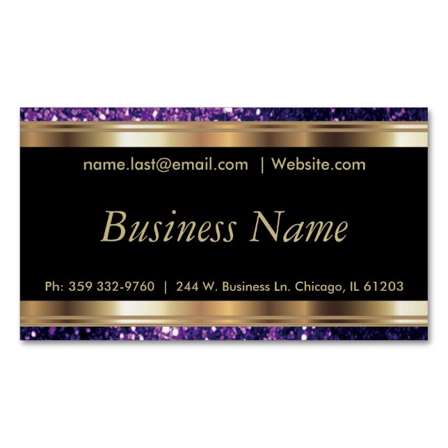 Elegant Purple Glitter and Black and Gold Magnetic Business Card (Front)