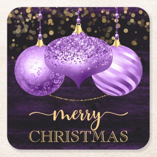 Elegant Purple Glitter Baubles Merry Christmas Square Paper Coaster