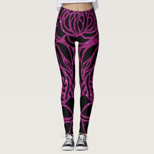 Elegant Purple Glitter Black Zebra Animal Print  Leggings