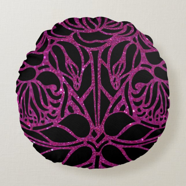 Elegant Purple Glitter Black Zebra Animal Print Round Pillow (Front)