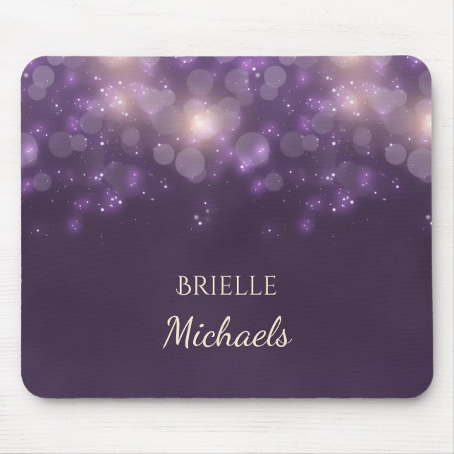 Elegant Purple Glitter Bokeh Sparkles With Name Mouse Pad (Front)