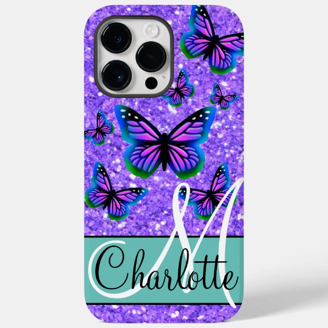 Elegant purple glitter butterflies monogram Case-Mate iPhone case (Back)