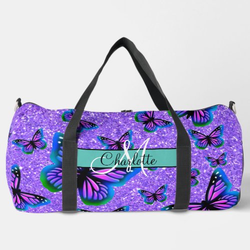 Elegant purple glitter butterflies monogram duffle bag