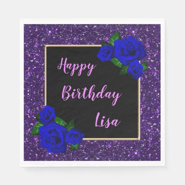 Elegant Purple Glitter Deep Blue Roses Birthday Napkins (Front)