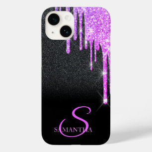 Elegant Purple Glitter Drips Black Glitter Case-Mate iPhone 14 Case
