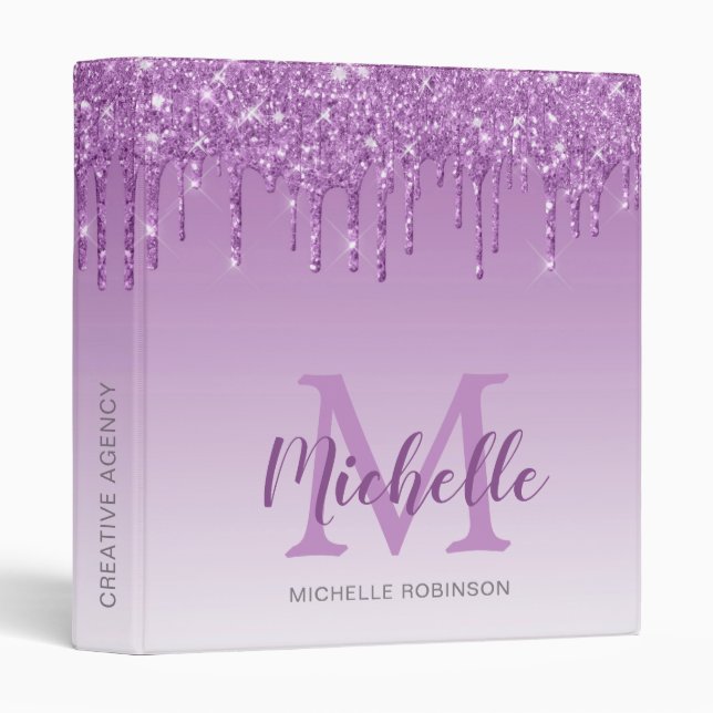 Elegant Purple Glitter Drips Monogrammed 3 Ring Binder (Front/Spine)