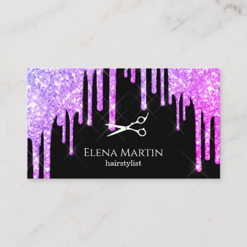 Elegant purple glitter drips scissors hairstylist  business card