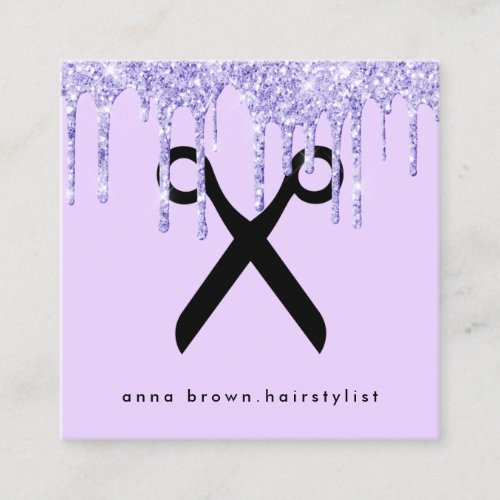 Elegant purple glitter drips scissors hairstylist  square business card
