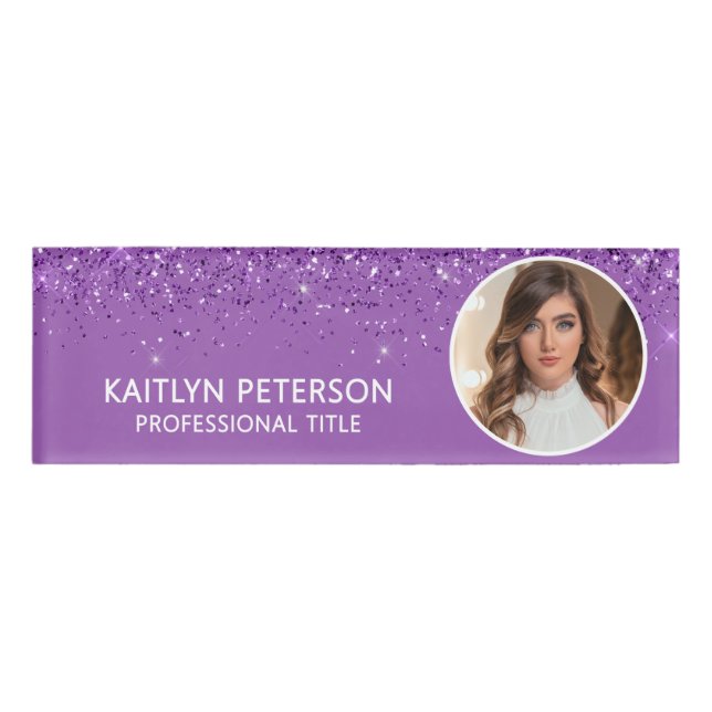 Elegant Purple Glitter Employee Photo ID Name Tag (Front)