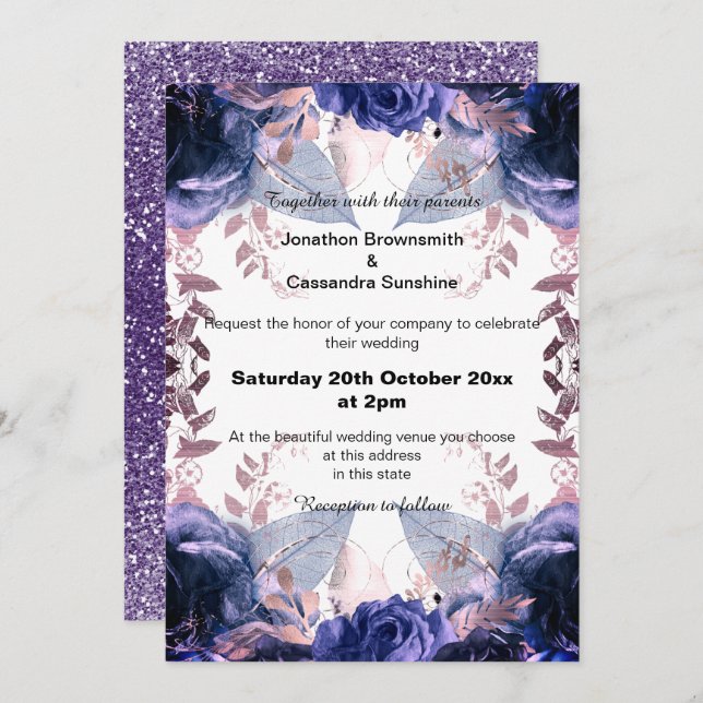 ELEGANT PURPLE GLITTER FLORAL NAVY  WEDDING INVITATION (Front/Back)