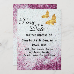 Elegant Purple Glitter & Gold Butterfly Save The Date