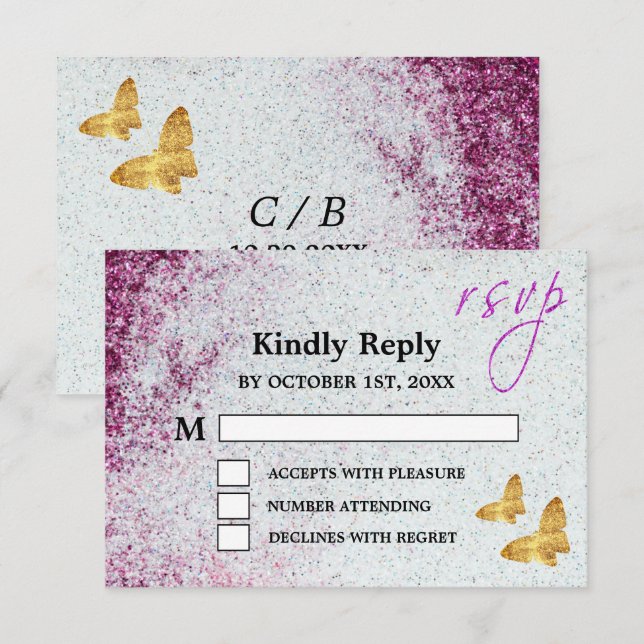 Elegant Purple Glitter & Gold Butterfly Wedding RSVP Card (Front/Back)