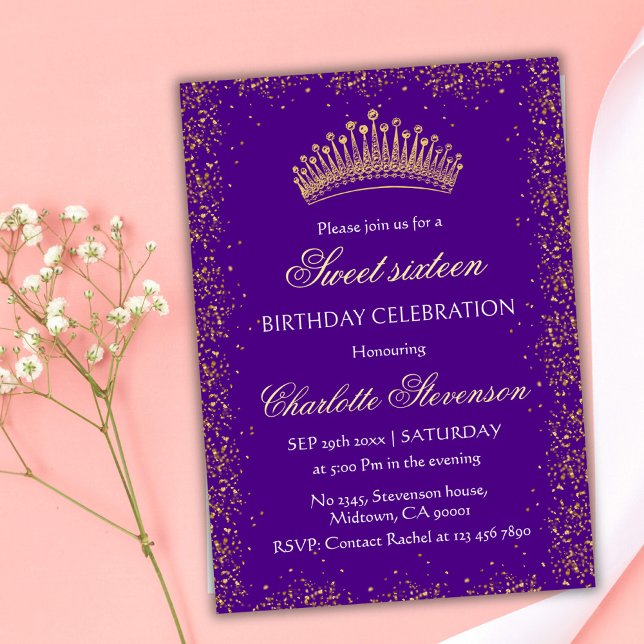Elegant Purple Glitter Gold Crown Sweet 16Birthday Invitation (Creator Uploaded)