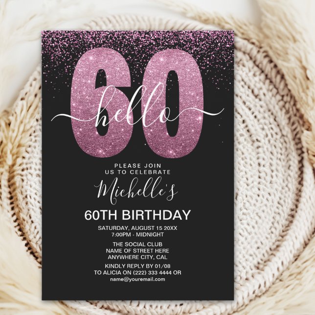 Elegant Purple Glitter "Hello 60" Birthday  Invitation (Creator Uploaded)