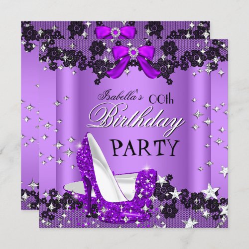 Elegant Purple Glitter High Heels Birthday Party Invitation
