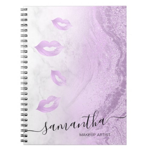 Elegant purple glitter lips marble makeup artist notebook