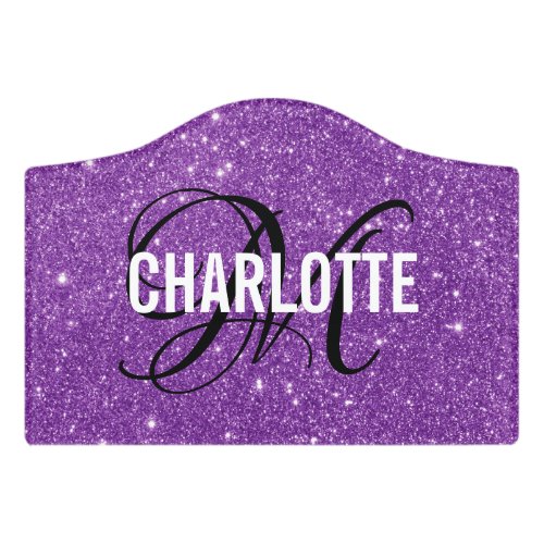 Elegant purple glitter monogram name  door sign