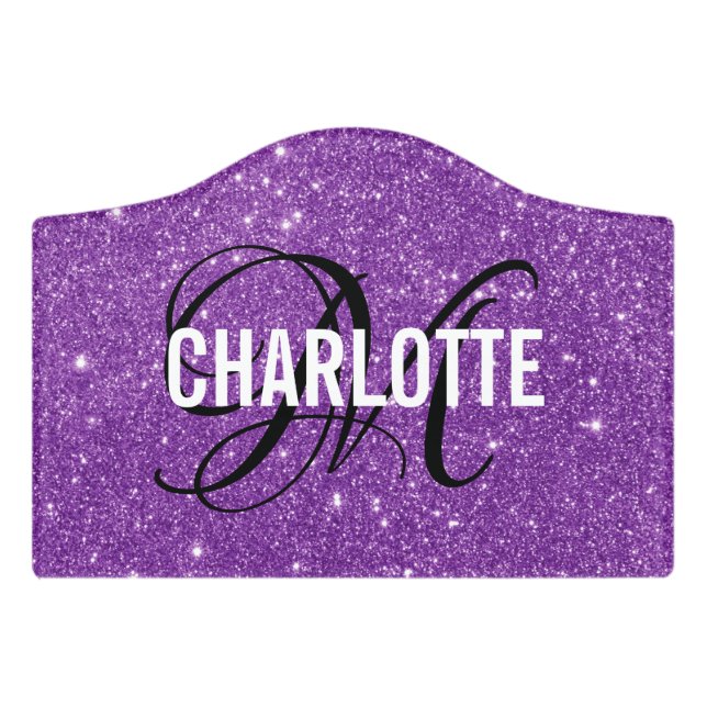 Elegant purple glitter monogram name  door sign (Small Crest Front)