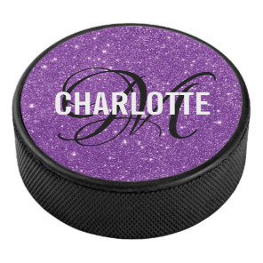 Elegant purple glitter monogram name hockey puck