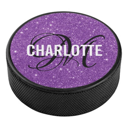 Elegant purple glitter monogram name hockey puck