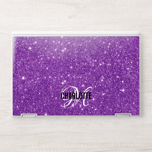 Elegant purple glitter monogram name  HP laptop skin (Front)