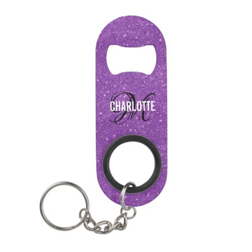 Elegant purple glitter monogram name  keychain bottle opener