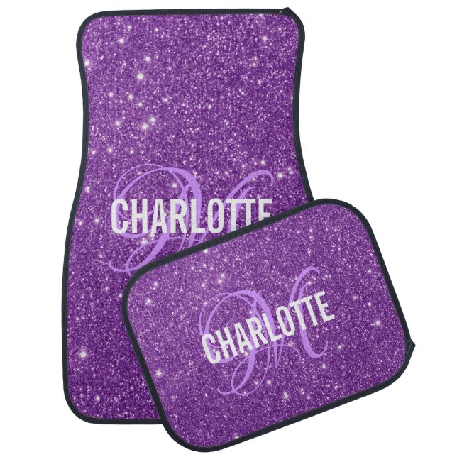 Elegant purple glitter monogrammed car floor mat (Set)