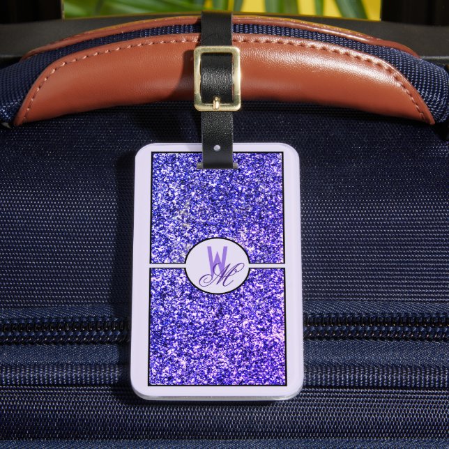 Elegant Purple Glitter Monogrammed  Luggage Tag (Front Insitu 2)