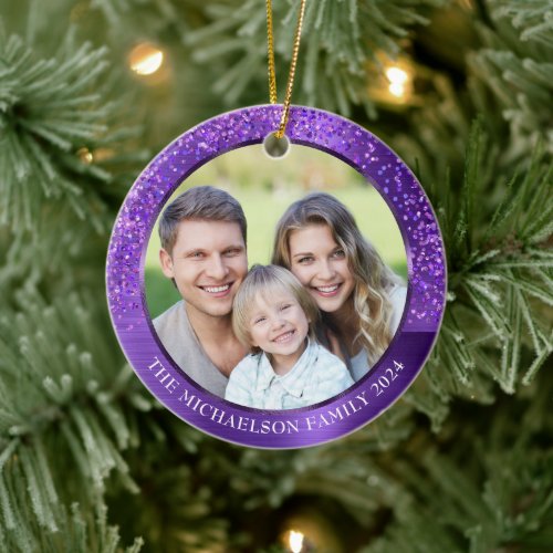 Elegant Purple Glitter Photo Metallic Christmas Ceramic Ornament