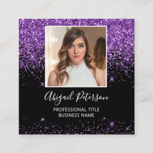 Elegant Purple Glitter Photo QR Code Black Square Business Card
