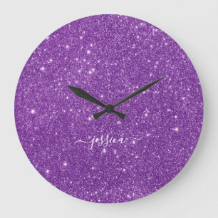 Elegant purple glitter script name large clock