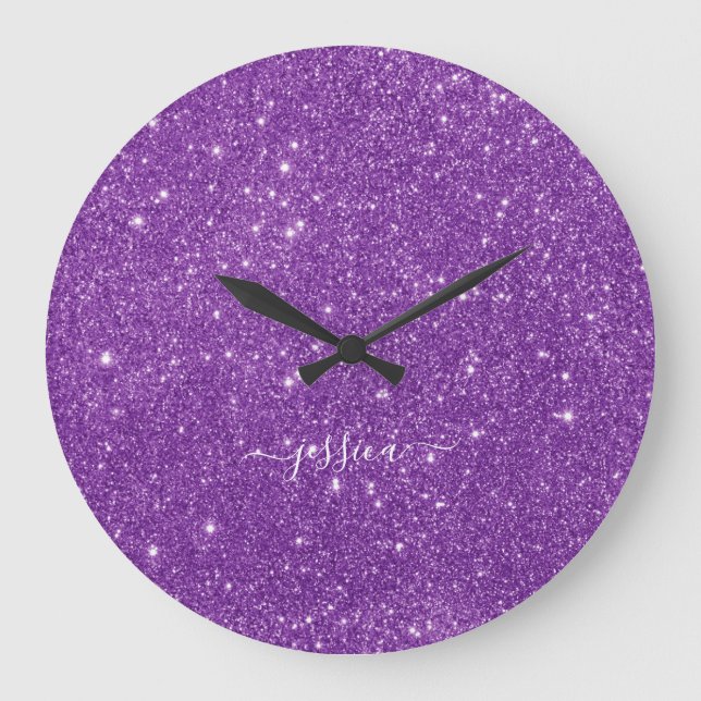 Elegant purple glitter script name   large clock (Front)