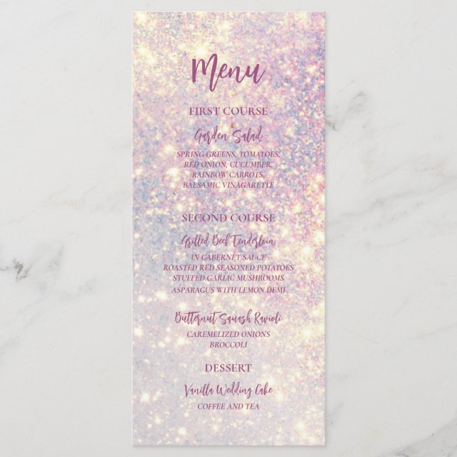 Elegant Purple Glitter Sparkle Wedding Menu (Front)