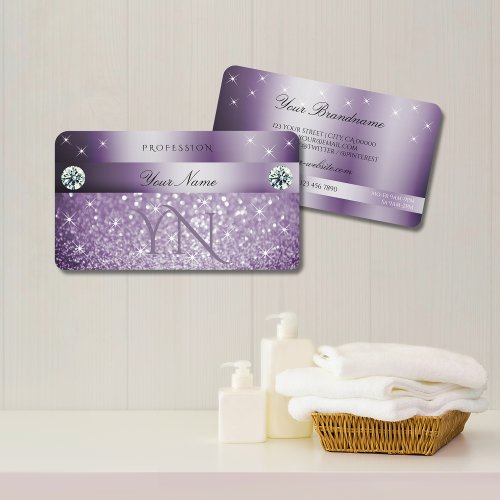 Elegant Purple Glitter Sparkling Stars Monogram Business Card